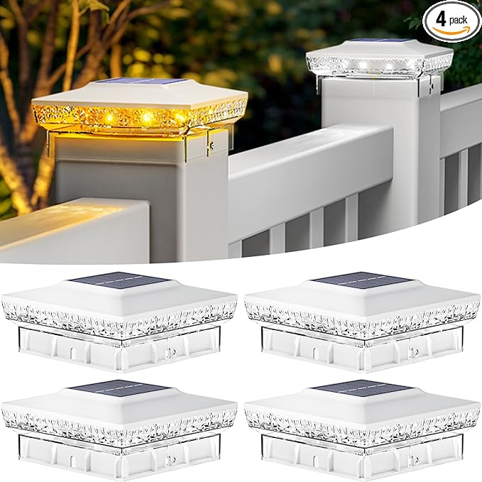 btfarm 4 Pack Solar Post Cap Lights Outdoor, 2 Mode 16 LED Fence Post Light Fit 4x4 3.5x3.5 Wooden/Vinyl, Waterproof Bright Solar Powered Lights Outside for Deck Patio Porch Garden Decoration, White