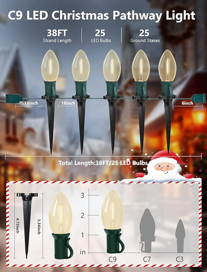 38FT LED Outdoor Christmas Pathway Lights,25 Warm White Extendable Waterproof Christmas Walkway Lights with C9 LED Bulbs and Stakes for Walkway Backyard Snowfield Xmas Decorations