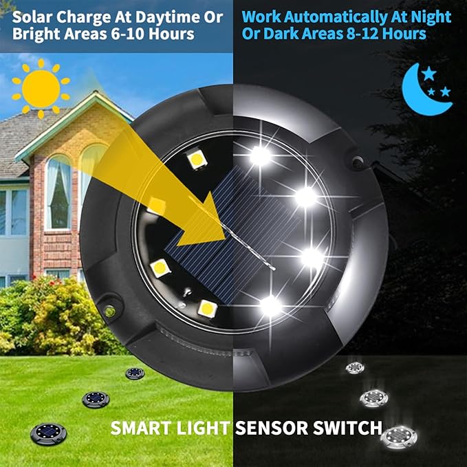 Solar Ground Lights Outdoor Waterproof, 8 Pack 12 LEDs Solar Garden Disk Lights Landscape Lighting for Outside Pathway Deck Yard Patio Lawn Driveway Walkway Deco (White Lights)