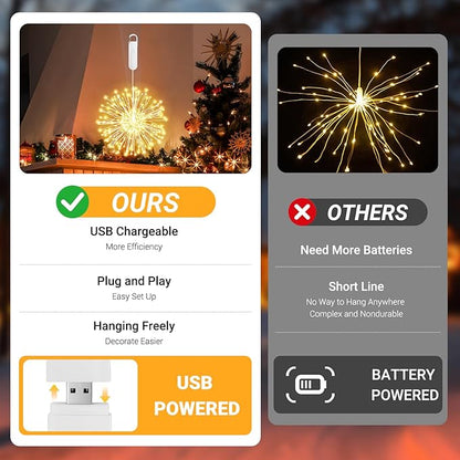 Hanging Firework Lights: Twinkle String Fairy Lights with Remote - 120 LED 8 Modes Dimmable - Indoor Outdoor Battery Operated Starburst Light for Garden, Patio, Party Xmas Decor
