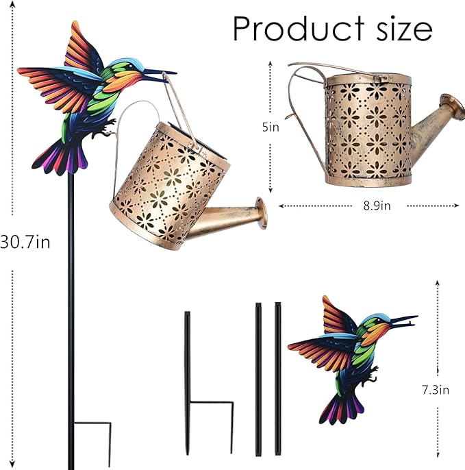 Solar Watering Can with Cascading Lights Outdoor Garden Decor, Hummingbird Shaped Hook Gardening Gifts for Mom Women Grandma Birthday, Solar Lights for Garden Decorations Patio Yard Lawn Backyard