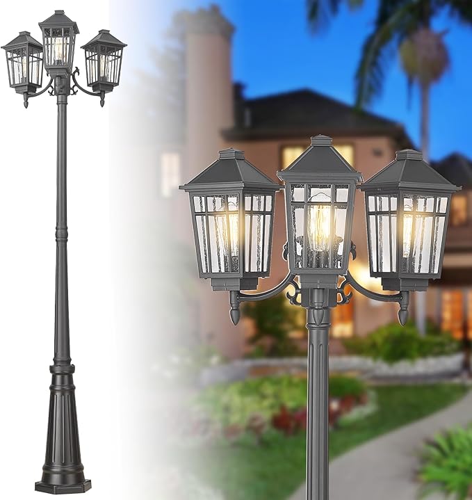 Darkaway Outdoor Post Light,3-Head Outdoor Street Light Pole Lamp Posts Road Lighting Waterproof Aluminum with Glass Outside Lighting Fixture for Backyard Garden Patio Pathway