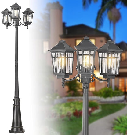Darkaway Outdoor Post Light,3-Head Outdoor Street Light Pole Lamp Posts Road Lighting Waterproof Aluminum with Glass Outside Lighting Fixture for Backyard Garden Patio Pathway