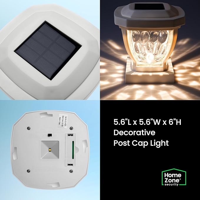 Home Zone Security Solar Post Cap Lights - Decorative Glass LED Outdoor 4x4 (3.5 x 3.5 in.) Post Lights, White (2-Pack)