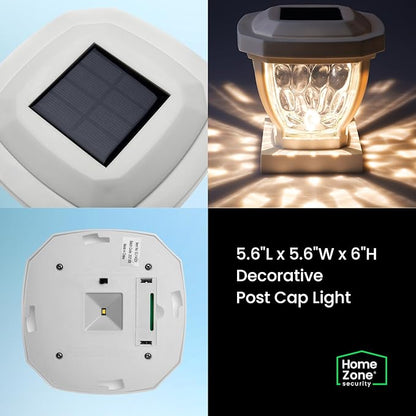 Home Zone Security Solar Post Cap Lights - Decorative Glass LED Outdoor 4x4 (3.5 x 3.5 in.) Post Lights, White (2-Pack)