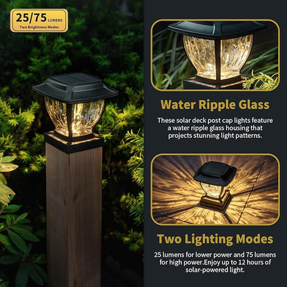 Solar Post Cap Lights Outdoor, Glass Deck Fence Post Cap Light Solar Powered for 4x4 Vinyl/Wooden Posts, Solar Lamp Post Light with 2 Lighting Modes for Patio Garden, Bright Warm White (4 Pack)