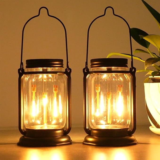 Solar Mason Jar Meteor Light Lanterns, Falling Raindrops Warm White LED Lights Build-in Mason Jar, Outdoor Decorative Waterproof with Stakes for Patio, Yard, Lawn, Tree (Vintage Lanterns, 2)