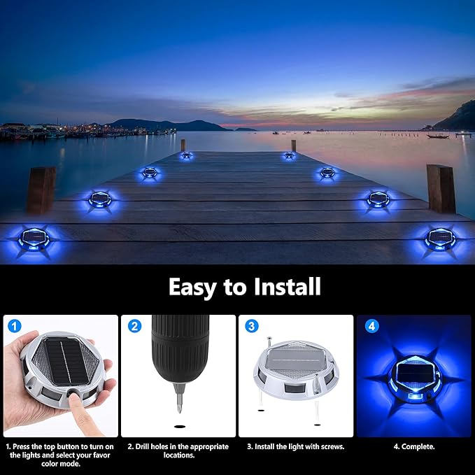 Solar Deck Light Outdoor, 6 Pack 9 Colors in 1 Solar Driveway Dock Lights, IP67 Waterproof Solar Powered Outdoor Light, RGB Step Lights for Outside Garden Yard Fence Stair Sidewalk Pathway Walkway