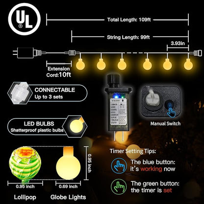 99ft Christmas LED String Lights, Waterproof Timer Lights