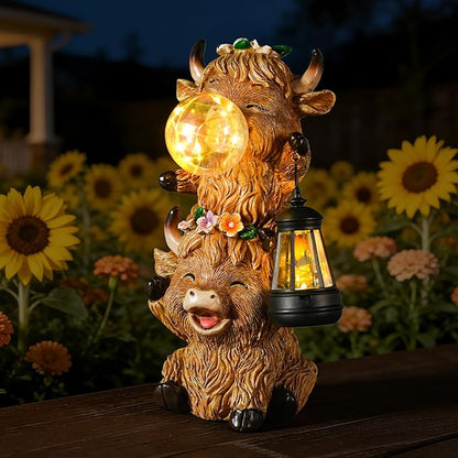 Solar Highland Cow Garden Statue with LED Lights, Cute Resin Outdoor Decor with Glowing Lantern & Light-Up Bubble, Waterproof Solar Yard Ornament for Lawn, Patio & Garden (Brown Cow)