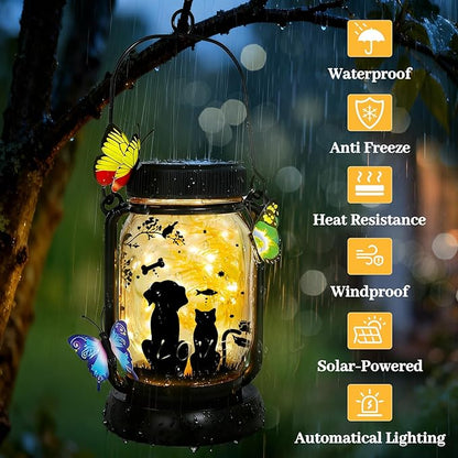 Dog Solar Lanterns Outdoor Garden Solar Dog Lights Dog & Cat Lover Gifts for Women Mom Grandma, Butterfly Fairy Lights Waterproof Hanging Mason Jar Lamps (Dog Cat Butterfly)