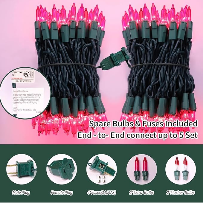 LAMPHOME Pink Christmas String Lights, 100 Count 20Ft Incandescent Mini Valentine's Lights, Waterproof Pink Lights for Indoor Valentine's Day Garland Wedding Party Xmas Tree Galentine's Day Decoration