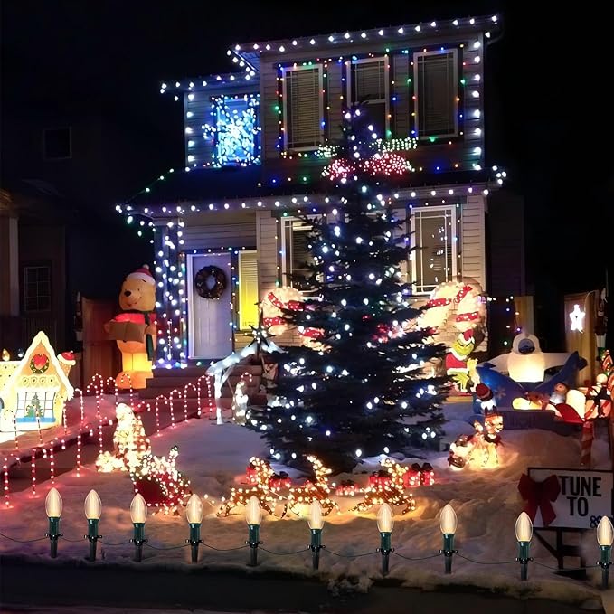 C9 Led Christmas Pathway Lights Outdoor, 38Ft 25 LED C9 Warm White Pathway Marker Stakes, Connectable Christmas Walkway Lights UL Listed for Yard Lawn Sidewalk Driveway Decorations