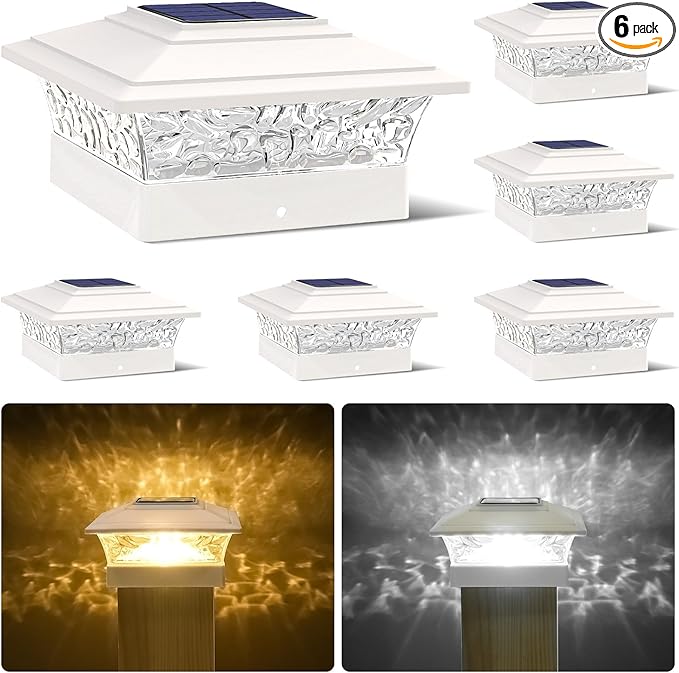 Solar Post Cap Lights Outdoor 6pack, Waterproof Solar Powered Deck Fence Post Lights Fit 4x4/5x5/6x6 Wood/Vinyl Posts, White Vinyl Fence Post lights with Warm/Cool White for garden, Patio, Porch, Deck