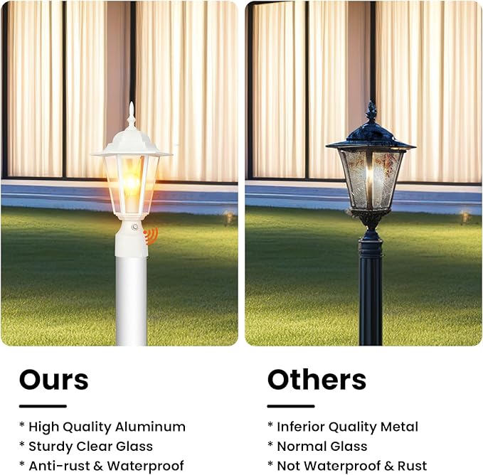 15" Dusk to Dawn Outdoor Post Light, Modern White Outdoor Lamp Post Light Fixture, Lamp Posts Exterior Lighting Pole Lantern for Outside Porch Garage Street, Waterproof Aluminum & Glass, 1 Pack, E26