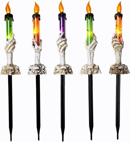 Halloween Candle Light Stakes, 5 Pack Skeleton Hands Hold Lighted Candle Pathway Makers, Waterproof Battery Operated with Timer, Light Up Figurine for Indoor Outdoor Holiday Party