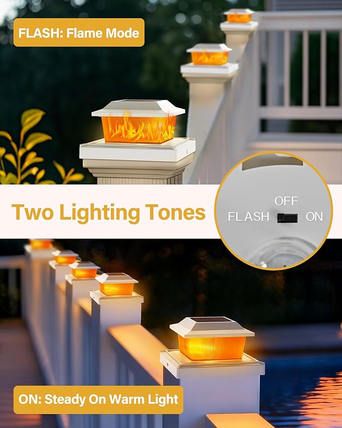 Solar Post Cap Lights Outdoor for 3.5x3.5 4x4 5x5 Wood/Vinyl Posts, Fence Post Solar Lights with Flickering Flame & Warm Modes for Deck/Garden/Patio, IP65 Waterproof - 2 Pack, White