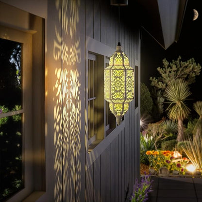 Twinkya Hanging Solar Lights Outdoor Garden Decorative Solar Lantern Waterproof Metal Moroccan Outdoor Decorations for Patio Pathway Yard Porch Backyard Garden Decor (White, 1 Pack)