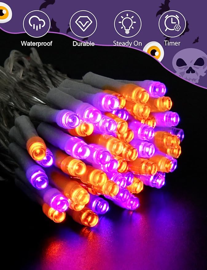 Halloween String Lights Battery Operated With Timer, Orange and Purple Outdoor 9.8ft 30LED, Decorations for Party Yard Pathway Indoor Outdoor