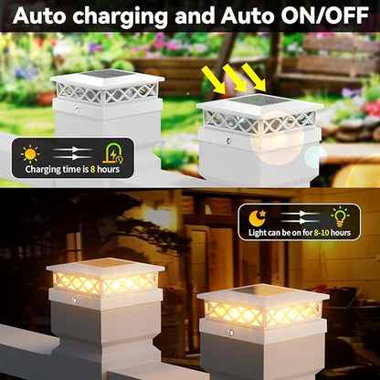 6 Packs Solar Post Cap Lights for Fence and Deck – Auto On/Off Outdoor Lighting, 2 Color Modes with 16 LEDs, Fits 4x4 5x5 6x6 Posts (White)