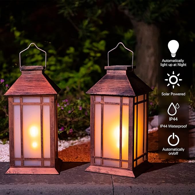 2-Pack Metal Hanging Solar Lanterns for Patio, Waterproof LED