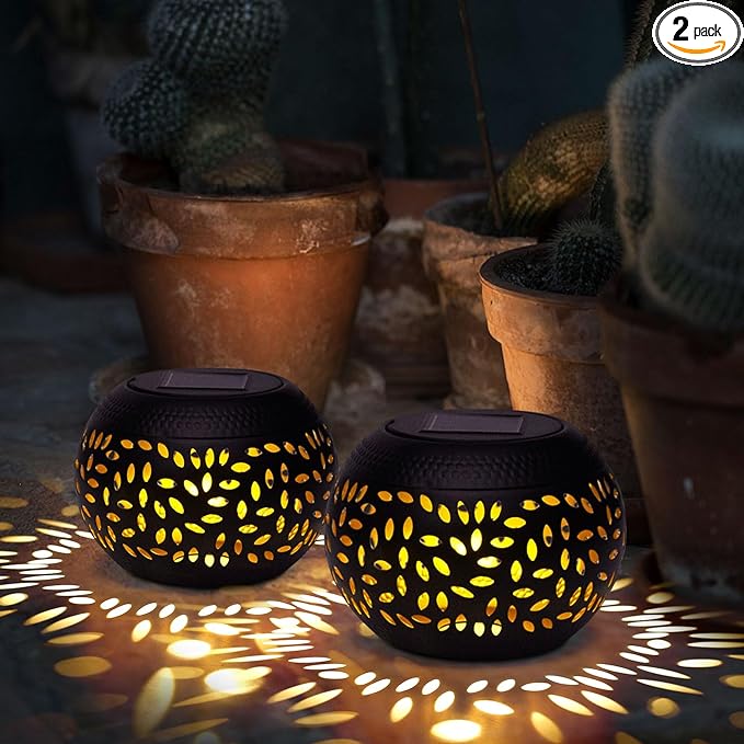 Solar Lanterns Waterproof Outdoor - 2 Pack Hollow Out Retro Metal Solar Lights, Unique Gardening Gifts for Women Mom, Outside Garden Yard Porch Lawn Indoor Tabletop Decorations