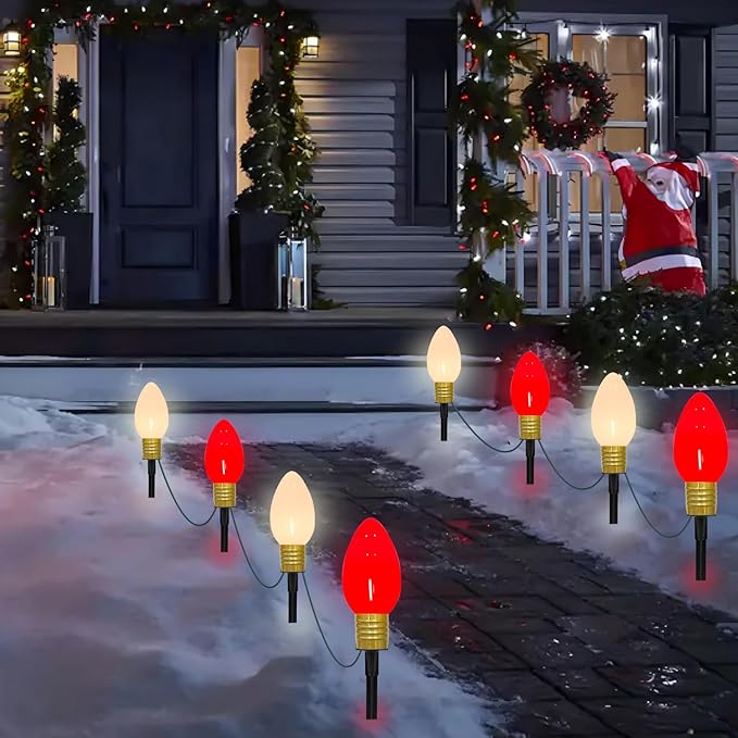 2 Pack Jumbo C9 Christmas Pathway Lights, 14FT Red & White LED Outdoor Path Lights, Waterproof Connectable Giant C9 Pathway Markers for Yard, Garden, Walkway, Christmas Decorations