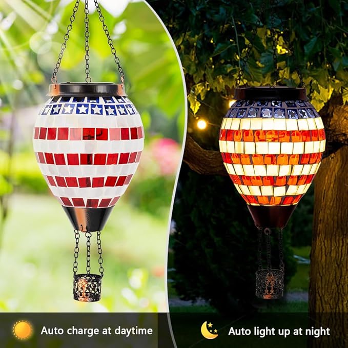 Flag Hot Air Balloon Solar Lantern, Mosica Glass Hanging Solar Lanterns Outdoor Waterproof for Garden, Yard, Patio Decor