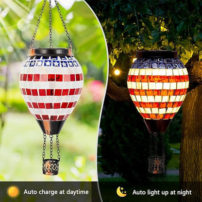 Flag Hot Air Balloon Solar Lantern, Mosica Glass Hanging Solar Lanterns Outdoor Waterproof for Garden, Yard, Patio Decor