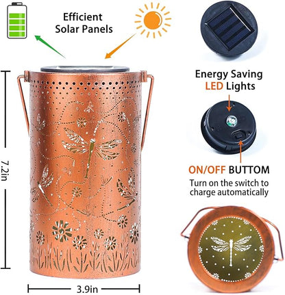 2 Pack Dragonfly Outdoor Solar Hanging Lanterns Waterproof LED Solar Lights Metal Decorative Lanterns for Garden, Patio, Courtyard, Backyard, Yard Decor Unique Dragonfly Gifts for Women Gardening