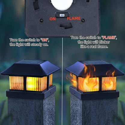 Dynaming Solar Flame Post Cap Lights Outdoor, Solar Powered Fence Post Light, Flickering Flame LED Lantern Lamps Waterproof for Garden Deck Patio, Fit 4x4, 5x5 or 6x6 Vinyl/Wooden Posts, 6 Pack