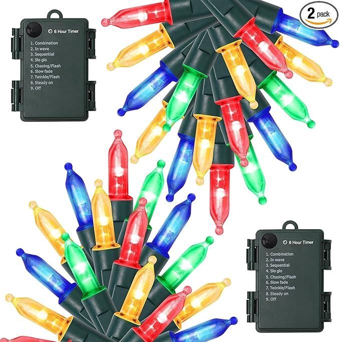 Christmas Patio String Lights 2-Pack, 16ft 50 LED Waterproof
