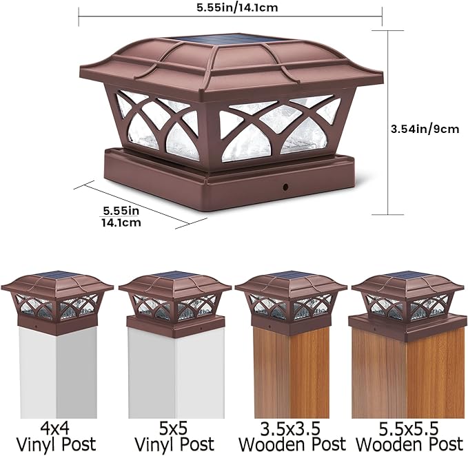 SIEDiNLAR Solar Post Cap Lights Outdoor Glass 2 Color Modes 8 LEDs for 4x4 5x5 6x6 Posts Deck Fence Patio Decoration Warm White & Cool White Lighting Brown (4 Pack)