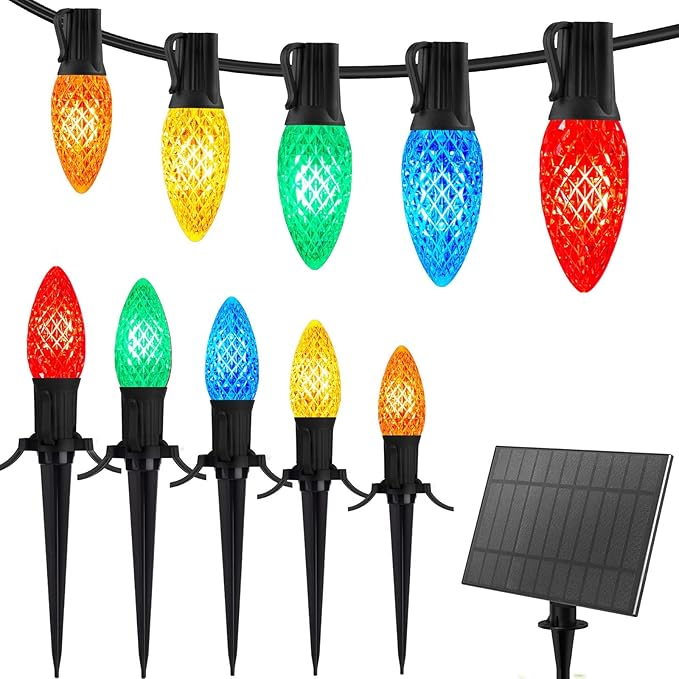 Brightown Solar C9 LED Christmas Lights - 50Ft, 40 Faceted Bulbs, Waterproof Multicolor Pathway Light for Outdoor House Decorations