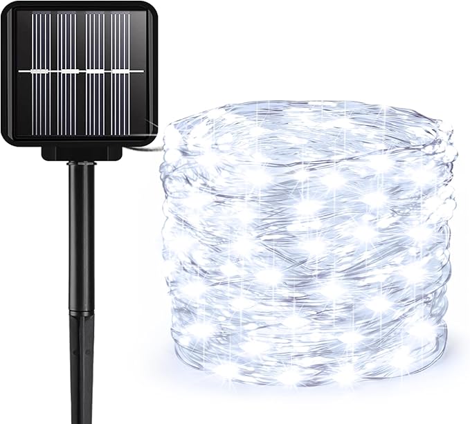 Solar String Lights Outdoor, 33 Feet 100 LEDs 8 Modes Solar Fairy Lights for Outside, Waterproof Outdoor Light for Patio Yard Christmas Tree Halloween Wedding Party Decorations, Cool White