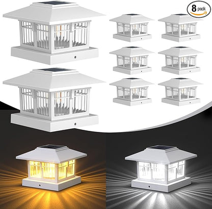EXCMARK 4x4 Solar Post Cap Lights, 8 Pack Fence Deck Post Lights Outdoor Solar Powered Waterproof with Two Light Modes Warm&Cool White for Garden Patio Decor. (Classic White, 8)