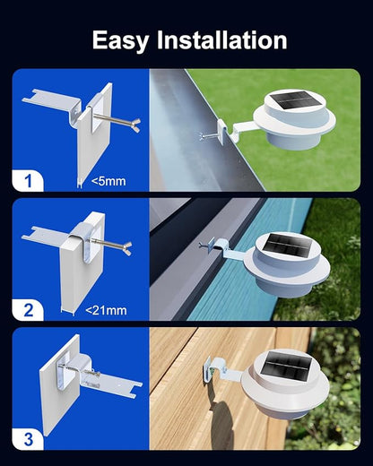 4 Pack White Solar Powered Gutter Lights Outdoor Decorative Waterproof Led Fence Lamp for Lighting Railing, Outside Wall, Deck, Garden, Path, Backyard, Sidewalk, Yard, Patio, No Drilling Installation