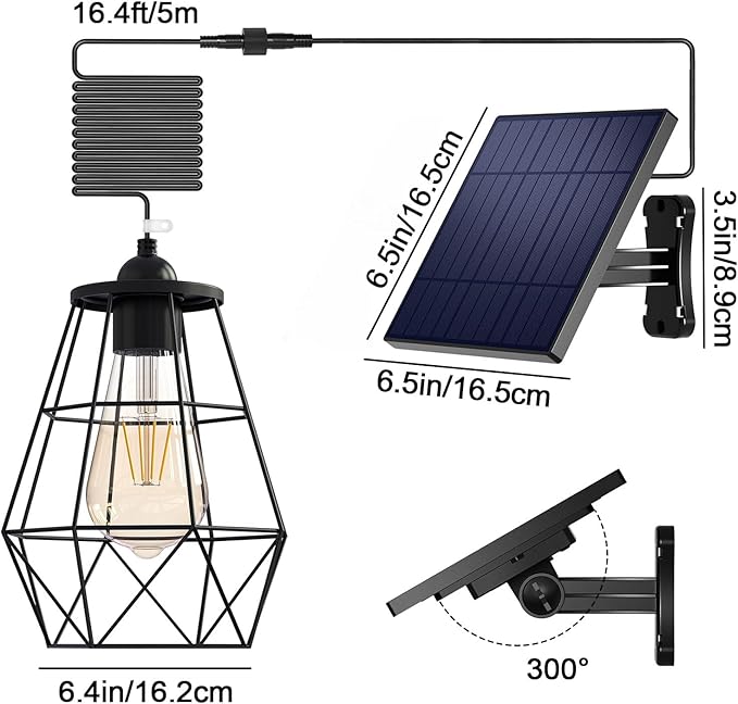 Solar Chandelier Outdoor with 16FT Cord Dusk to Dawn Solar Pendant Light Timer Remote Control Waterproof for Gazebo, Indoor, Yard, Playhouse (Lantern Plus)