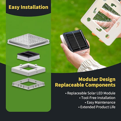 Glass Solar Post Cap Lights with Crystal Style - Decorative Deck Fence Lights for 4x4 5x5 Posts Hidden Solar Panel, Modular Design, 10Hr Runtime, IP65, Warm White, White, 8 Pack