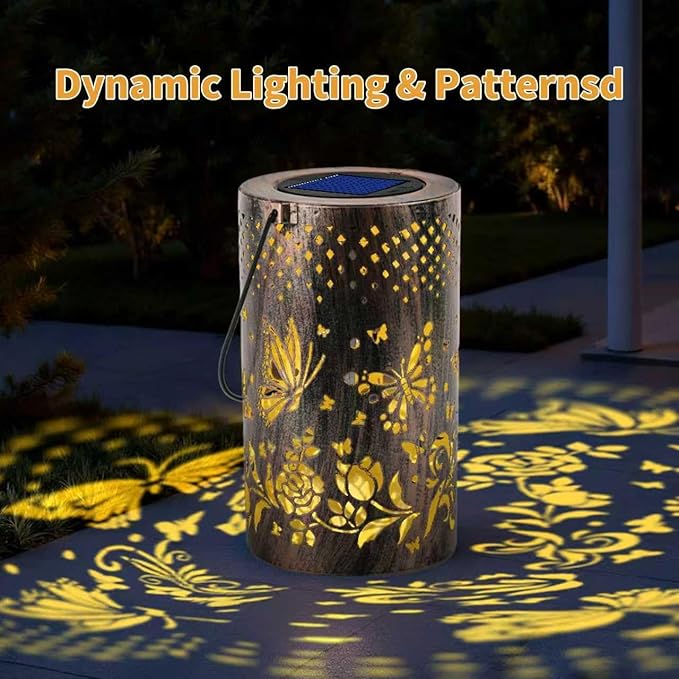 Outdoor Solar Garden Lights: Solar-Powered Yard Patio Hanging Decoration Lanterns with Handle, Outside Waterproof Decorative Lamps with Dynamic Dragonfly Pattern (Butterfly)