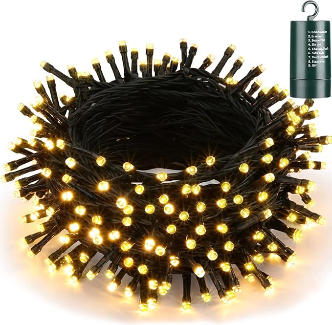 Joomer Battery Christmas Lights, 66ft 200LED Fairy Lights Battery Operated Timer 8 Modes Waterproof for Outdoor Home Garden Party Holiday Christmas Trees Decoration (Warm White)