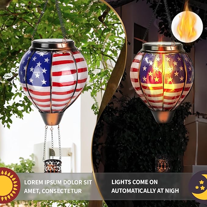 Larekook Solar Hot Air Balloon Lantern with Flame Flickering,Glass Hot Air Balloon Solar Lantern Outdoor Waterproof Hanging Garden Light for Patio Porch Yard,Birthday Gifts for Women(American Flag)
