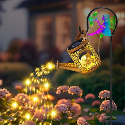 Christma Gifts Solar Lights Garden Decorative, Solar Watering Can with Cascading Lights, Waterproof Metal Lantern with Fairy Shepherd Hook, Outdoor Decor for Yard, Patio, Gifts for Mother's Day, Women