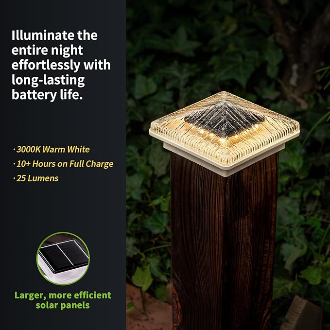Glass Solar Post Cap Lights with Timber Style - Decorative Deck Fence Lights for 4x4 5x5 Posts Hidden Solar Panel, Modular Design, 10Hr Runtime, IP65, Warm White, White, 4 Pack