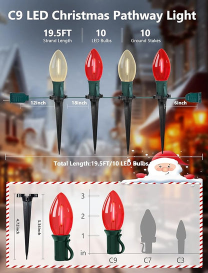 19.5FT Red and White C9 Christmas Pathway Lights, Outdoor LED String Lights with 10 Connectable Bulbs, Waterproof Yard Decor for Walkway, Driveway, Garden, and Holiday Lighting