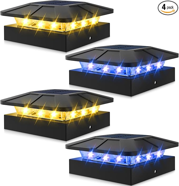 4-Pack Warm White Fence Post Cap Lights, Solar LED