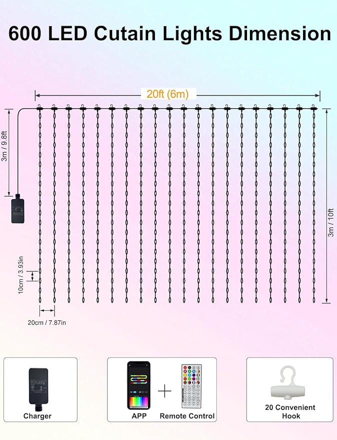 echosari Smart 600 LED Curtain Lights 20Ft x 10Ft Compatible with Alexa App Control DIY Fairy Lights, Dynamic for Backyard Home Wedding Party Decor - RGB Color Changing IC