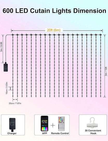 echosari Smart 600 LED Curtain Lights 20Ft x 10Ft Compatible with Alexa App Control DIY Fairy Lights, Dynamic for Backyard Home Wedding Party Decor - RGB Color Changing IC