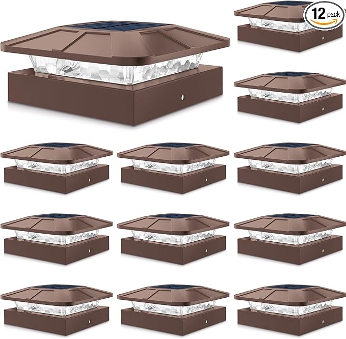 12-Pack 3-Mode Brown Deck Post Cap Lights, Solar LED