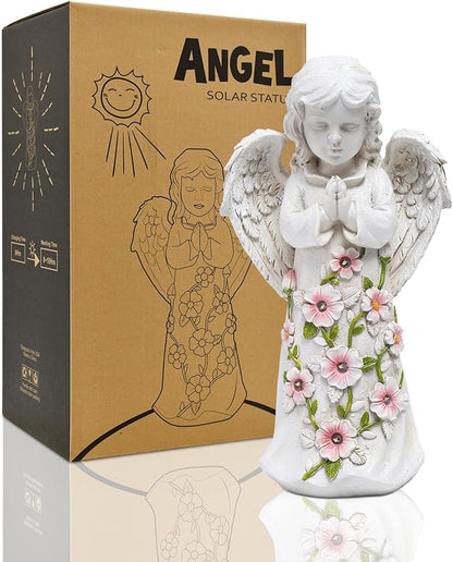 Nacome Garden Outdoor Statues Angel with Succulent and 7 LED Lights – Lawn Decor for Patio, Balcony, Yard Ornament - Chrismtas Gifts for Mom Grandma